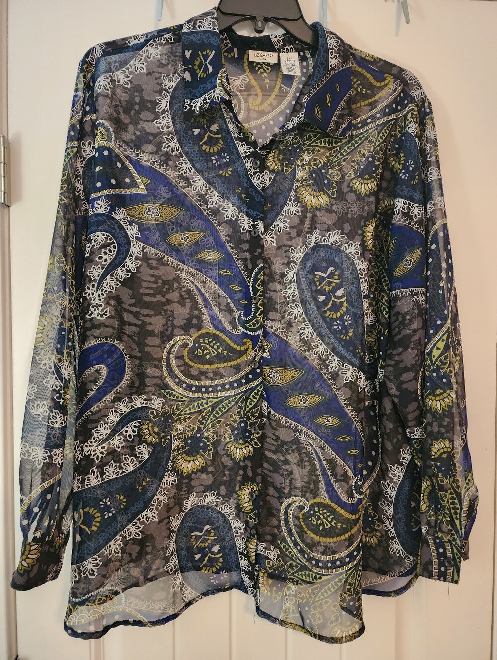 Liz Baker Navy Yellow White Chiffon Paisley Button-Up Blouse 3X Sheer Coverup